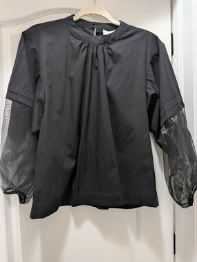 Topshop Black Sheer-Sleeve Cotton Blouse